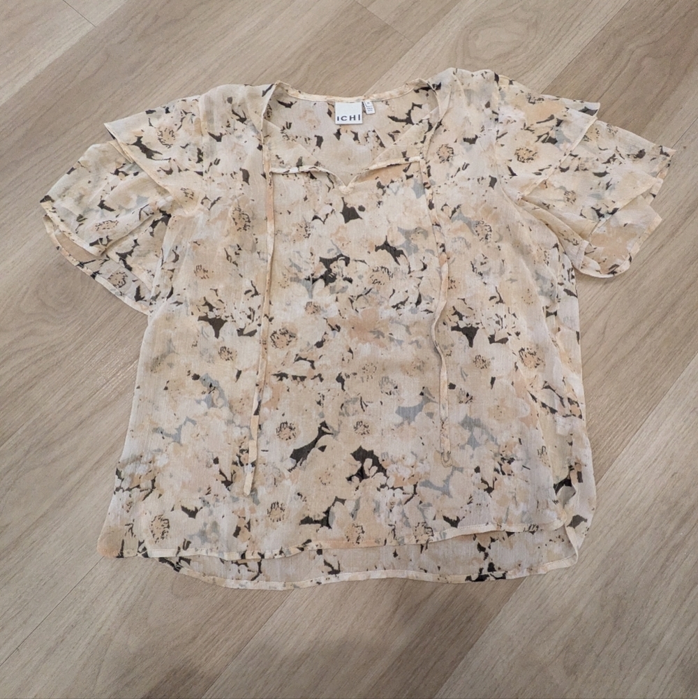 Ichi Sheer Short Sleeve Ihkanui Abstract Patterned Light Weight Blouse Size 38
